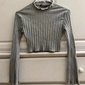 Gray Lettuce Trim Flounce Sleeve Rib Knit Crop Top Size XS